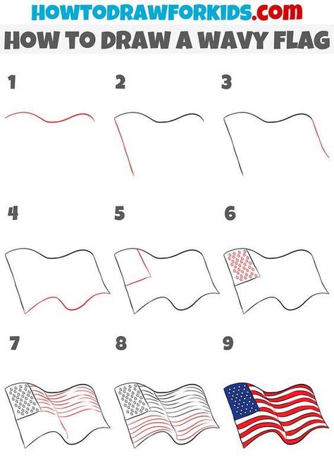 Learn how to draw a wavy flag in just nine very simple steps quickly and easily. You will like this guide because it is very useful. Kalayaan Drawing, Flag Gif, American Flag Waving, Wavy Flag, Flag Animation, Flag Drawing, Waving Flag, Drawing Tutorials For Kids, Rock Painting Patterns