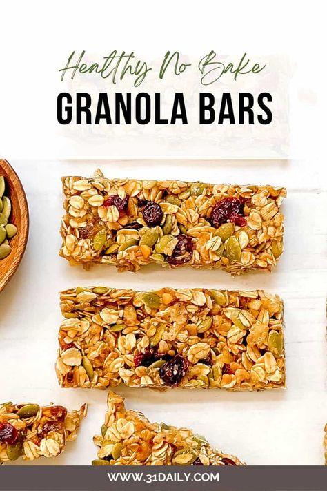 These healthy and chewy Granola Bars with Dates and Pumpkin Seeds are a delicious and easy treat. Filled with wholesome ingredients, they're simple to make in about 10 minutes (plus setting time) with no oven needed! Date And Pumpkin Seed Bars, Granola Bars With Dates, Healthy Chewy Granola Bars, Bars With Dates, Pumpkin Granola Bars, Chewy Granola Bars Homemade, Homemade Granola Bars Healthy, 31 Daily, Pumpkin Granola