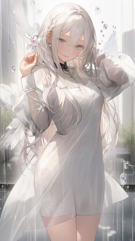 Anime Woman With White Hair, Long White Hair, Style Anime, Dress Design Sketches, Anime Dress, Manga Girl, White Hair, White Outfits, Cute Anime Character