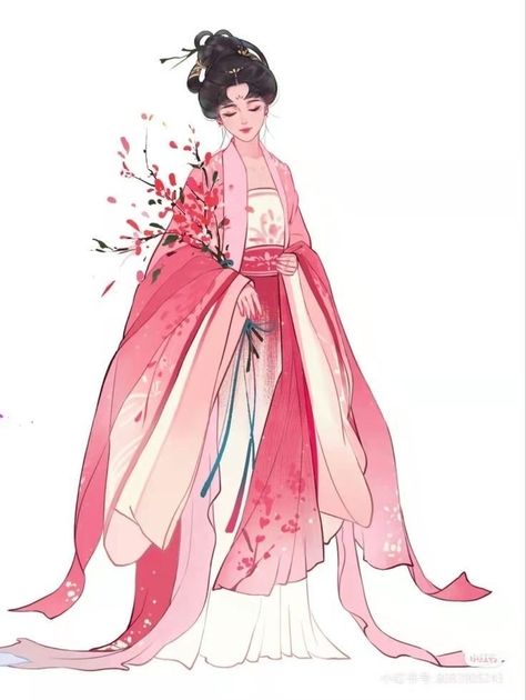 Ancient Chinese Clothing Drawing, Ancient Clothes Drawing, Flower Inspired Dress Illustration, Chinese Hanfu Drawing, Chinese Kimono Traditional, Chinese Traditional Clothing Drawing, Hanfu Drawing Reference, Chinese Traditional Drawing, Chinese Traditional Dress Drawing