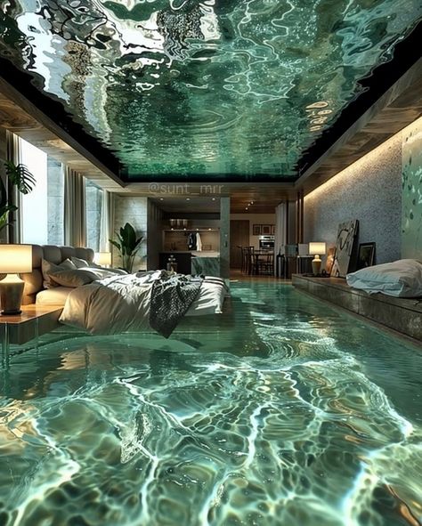 Underwater Living Spaces | Creative AI Home Concepts Luxurious Mansions Interior, Concrete Villa, Concrete Bedroom, Concrete Loft, Underwater Bedroom, Phoenix Fire, Loft Designs, Dream Bedroom Inspiration, Futuristic House