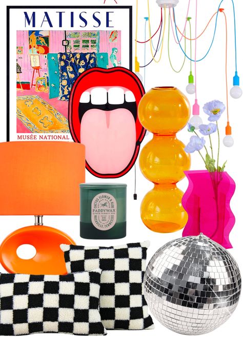 Black and white checkered throw pillows, pink vase, orange bubble vase, disco ball, green candle, neon sign, lips decor, Matisse print, orange lamp, colorful decor, eclectic aesthetic. Budget Maximalism, Funky Home Decor Living Room, Aesthetic Room Decor Colorful, Eclectic Spare Bedroom, Funky Unique Decor, Unique Eclectic Decor, Disco Room In House, Eclectic Disco Decor, Floating Shelves Maximalist