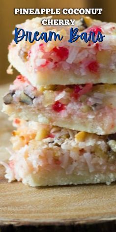 Cherry Dream Bars, Cherry Dessert Bars, Rhubarb Dream Bars, Recipes Pineapple, Valentines Desserts, Easy Dessert Bars, Dessert Squares, Dream Bars, Pecan Bars