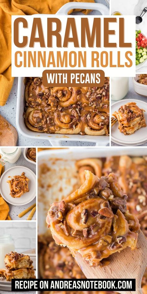 Learn how to make these easy leavened caramel pecan cinnamon rolls. Fluffy dough with sticky caramel sauce and toasted pecans make the best caramel cinnamon rolls. Made from scratch with yeast, these leavened cinnamon rolls have an easy caramel sauce on top making them sticky and delicious. Add pecans or your favorite nuts. Sticky buns are a favorite breakfast recipe. Caramel Walnut Cinnamon Rolls, Caramel Nut Rolls, Pecan Cinnamon Rolls Recipe, Caramel Pecan Cinnamon Rolls, Caramel Cinnamon Rolls, Roll Desserts, Brunch Casseroles, Easy Caramel Sauce, Caramel Pecan Sticky Buns