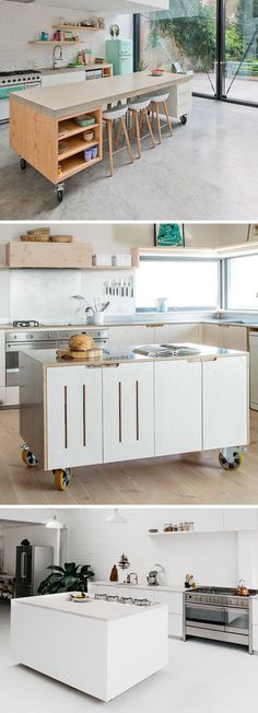 Here are 8 examples of movable kitchen islands with wheels in a variety of materials, that make these modern kitchens more versatile and convenient. Organiser Cucina, Mobile Kitchen Island, Small Modern Kitchens, Kitchen Island On Wheels, Kitchen Island Bar, Kitchen Island Table, Portable Kitchen, Stools For Kitchen Island, Modern Kitchen Island