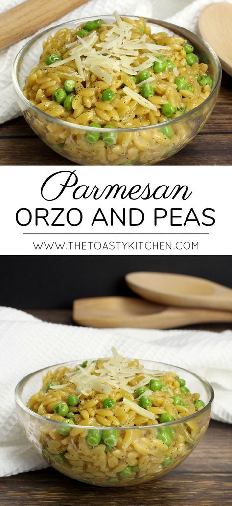 Parmesan Orzo and Peas by The Toasty Kitchen #sidedish #recipe #pasta #orzo #peas #homemade Orzo Baby Recipes, Orzo And Peas Recipe, Toddler Orzo Recipe, Orzo And Peas, Orzo Peas, Orzo Recipes Side, Pasta Orzo, Macaroni Salads, Orzo Pasta Recipes