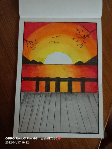 Sunset Marker Drawing, How To Draw A Sunset, Sunrise Drawing Simple, Simple Sunset Drawing, Sunset Pastel Drawing, Sunrise Drawing, Odyssey Art, Drawing Sunset, Art For Walls