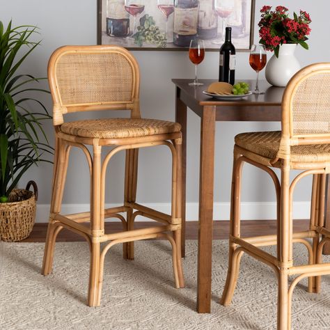 Adrena Modern Bohemian Natural Brown Rattan Stool - On Sale - Bed Bath & Beyond - 37057749 Bohemian Bar, Affordable Dining Room Sets, Boho Bar, Rattan Counter Stools, Rattan Bar, Rattan Stool, Brown Bar Stools, Rattan Bar Stools, Home Bars