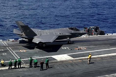 An F-35Cs sits on the flight deck of the carrier USS Abraham Lincoln (CVN-72) on August 27, 2018. (Military.com/Matthew Cox) Navy Fighter Pilot, Military Force, Uss Ranger Cv-61, Uss Constellation Cv-64, F 35, Uss Independence Cv-62 Aircraft Carrier, Daily News, Flight Deck, Abraham Lincoln