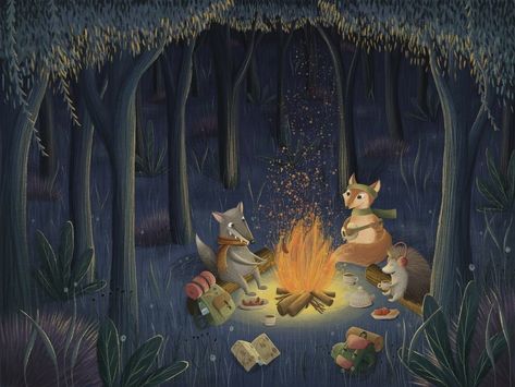 Animals In The Woods, Campfire Drawing, Illustration Of Animals, Beehive Illustration, Camping Illustration, Wood Illustration, 동화 삽화, Illustration Art Kids, Drawing Animals