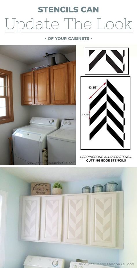 Stenciled Kitchen Cabinets, Kitchen Cabinets Mobile Home, Stenciled Cabinets, Mobile Home Closet Remodel, Movie Room Diy, Corner Closet Organizer, Herringbone Stencil, Remodel Kitchen Cabinets, Small Closet Hacks