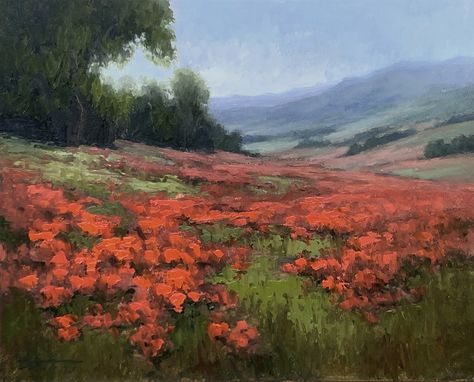 Poppy fields by Jane Hunt, Oil, 8 x 10 Poppy Field Painting, Poppy Flower Painting, Poppy Fields, Poppy Painting, California Landscape, Poppy Field, Mini Paintings, Poppy Flower, Flower Field