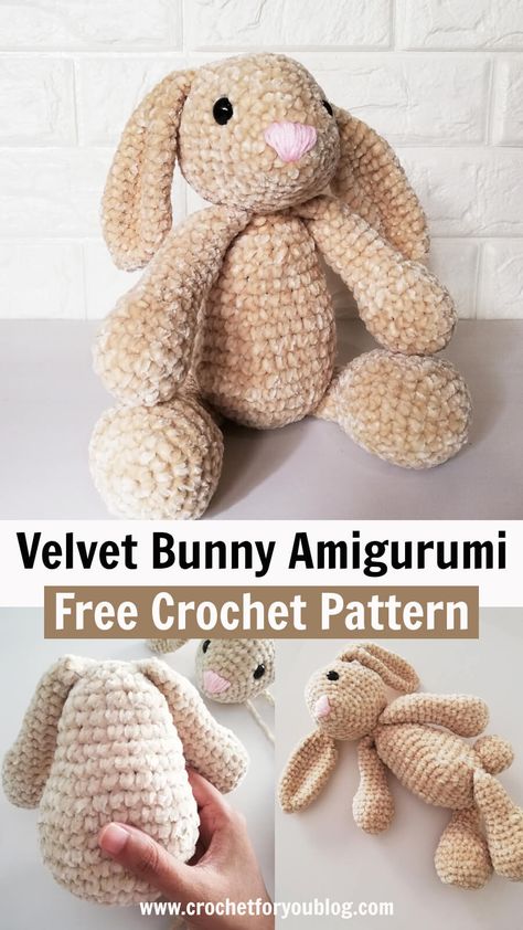 Velvet Bunny Amigurumi Free Crochet Pattern - Crochet For You Crochet Bernat Velvet, Velvet Bunny Amigurumi Free Crochet Pattern, Velveteen Rabbit Crochet Pattern, Long Ear Bunny Amigurumi Free Pattern, Bernat Velvet Crochet Patterns, Velvet Bunny Crochet Pattern, Crochet Projects Velvet Yarn, Amigurumi Free Pattern Rabbit, Crochet Pattern Velvet Yarn