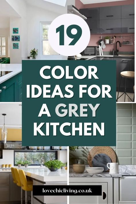 Are you wondering how to add color to a grey kitchen? We've rounded up 19 inspiring suggestions for brightening up grey kitchen cabinets. From barstools, to accent walls, to color combinations, schemes and palettes we've a range of ideas for every budget. Diy Kitchen Color Scheme, Modern Kitchen Colours Combination, Gray Kitchen Accent Color, What Colour To Paint Kitchen Walls, Cabinet Color With Gray Countertop, Wall Color To Go With Grey Cabinets, Grey Colour Kitchen Cabinets, Grey Cabinets Kitchen Decor, Kitchen Color Schemes With Gray Cabinets