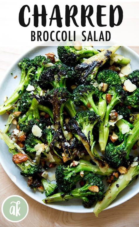 Charred — but not roasted — broccoli salad with dates, almonds and cheddar. This is such a refreshing change from roasted vegetables, and so incredibly delicious. It's a great make-ahead salad, because the broccoli remains firm even with time, and as it sits, it gets more delicious because the dates, almonds and cheddar soak up the dressing. So good. #broccoli #salad #almonds #dates #cheddar Charred Broccoli Salad, Roasted Broccoli Salad, Salad With Dates, Charred Broccoli, Make Ahead Salads, Queso Cheddar, Roasted Broccoli, Broccoli Salad, Spinach Salad