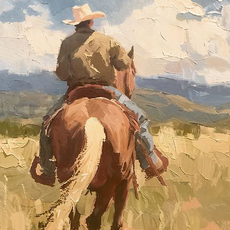 This exquisite painting depicts a cowboy atop his trusty horse, surrounded by a vast and untamed field. Printed giclée on canvas and elegantly framed in gold, this piece is a stunning addition to any collection. Frameless: 8"x10" Professional giclée canvas print mounted on foam core to be beautifully displayed on shelves and or easels Framed: Solid wood 3" gold frame with black paper backing and sawtooth hook Final dimensions with gold frame: 15.2" x 13.2" x 2" We are excited to introduce our cu Black Cow Painting, Abstract Cowboy Painting, Cowboy Canvas Painting, Cowboy Painting Ideas, Ranch Paintings, Oklahoma Painting, Cowboy Duel, Long Canvas Painting Ideas, Cowboy Paintings