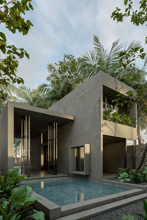 Brutalist House Exterior, Concrete House Exterior, Brutalist House, Concrete House Design, Cement House, Bali Architecture, Brutalism Architecture, Bali Villa, House Arch Design