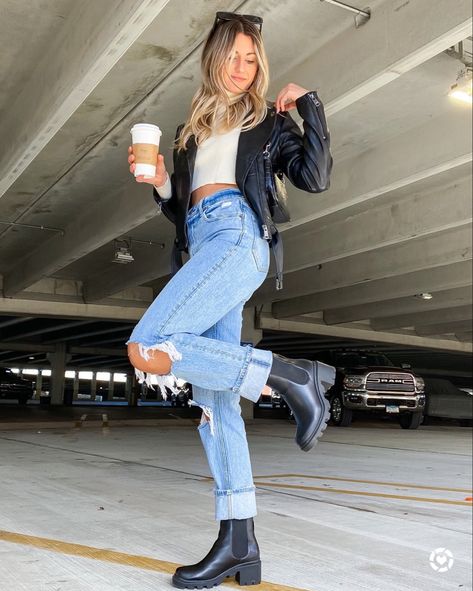 Fall outfit inspo, leather jacket, black boots, Abercrombie jeans, Steve Madden, turtle neck from zoeyandopal.com Sz small in the jacket, 25 in jeans (size down 1 sz) shoes TTS Follow my shop @kristinendalton on the @shop.LTK app to shop this post and get my exclusive app-only content! #liketkit #LTKSeasonal #LTKshoecrush #LTKHoliday @shop.ltk http://liketk.it/3r9aO Dress And Combat Boots Outfit, Steve Madden Boots Outfit, Black Booties Outfit, Chunky Boots Outfit, Jeans Boots Outfit, Black Leather Jacket Outfit, Fall Boots Outfit, Black Boots Outfit, Boots Outfit Ankle