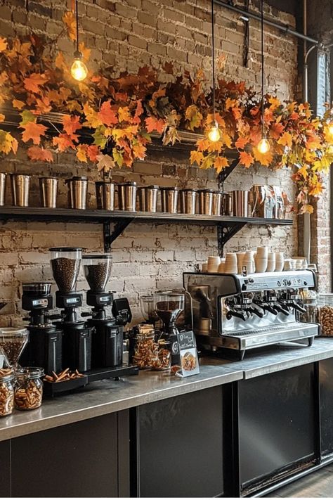 Transform your morning routine with these cozy fall coffee station ideas! Learn how to create the perfect autumn oasis in your kitchen.  Some of the links in my articles are affiliate links. If you make a qualified purchase from one of my links I will make a small commission at no cost to you. Thank you for your support!!! Coffee Station Styling, Decoration For Coffee Shop, Fall Coffee Station, Coffee Station Ideas, Cafe Counter, Rustic Pumpkin, Cozy Fall Decor, Seasonal Treats, Kitchen Decor Themes