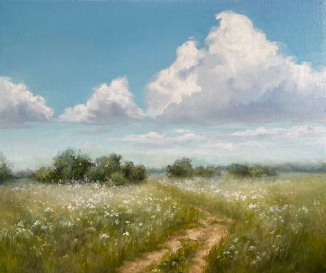 Landscape Paintings Impressionist, Pastel Painting Flowers, Spring Aesthetic Painting, Grassy Field Painting, Prairie Landscape Paintings, Vintage Oil Paintings Landscapes, Painting Background Landscape, Painting Reference Photos Landscape, Landscape Ideas Painting