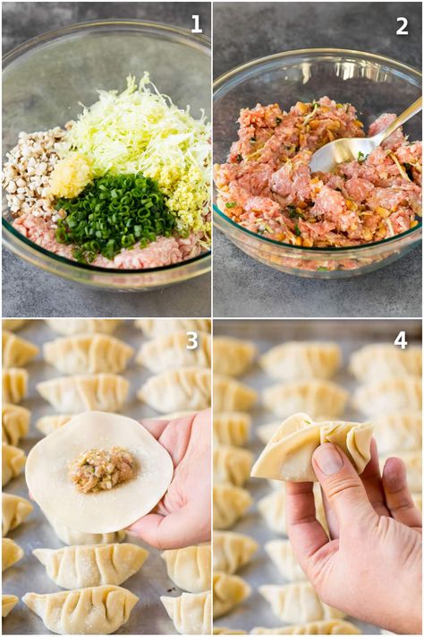 This potstickers recipe is ground pork with mushrooms, cabbage and seasonings, all wrapped in tender dough and cooked until golden brown. A simple and easy way to make this Chinese food classic in the comfort of your own home. Ground Pork Pot Sticker Bowl, Ground Pork Dumplings, Pork Pot Stickers Recipe, Ground Pork Potstickers, Pork Potstickers, Pork Dumpling Filling, Pork Potstickers Recipe, Pork Dumplings Recipe, Veggie Dumplings Recipe