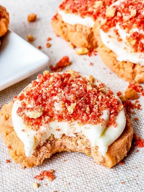 Strawberry cookies topped with cream cheese frosting and sprinkled with strawberry shortcake crumble—these Strawberry Shortcake Cookies are sure to be your next family favorite. Cookies With Sprinkles, Strawberry Cream Cheese Cookies Recipes, Strawberry Cookie Crumble, Strawberry Shortcake Cookie Crumble, Crumble Strawberry Shortcake, Strawberry Crumble Cookies, Strawberry Crunch Cookies, Crumbl Strawberry Shortcake Cookies, Strawberry Cookies From Cake Mix Recipes