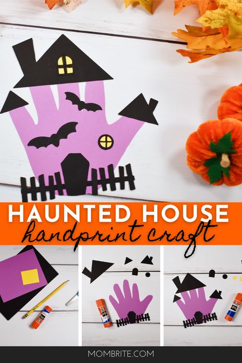 Halloween Classroom Door Ideas Kindergarten, Fall School Crafts 1st Grade, Handprint Haunted House, Easy Halloween Craft 2nd Grade, Haunted House Handprint Craft, Bats Lesson Plans Preschool, 1st Grade Enrichment Activities, Haunted House Crafts For Kids, Halloween Kita