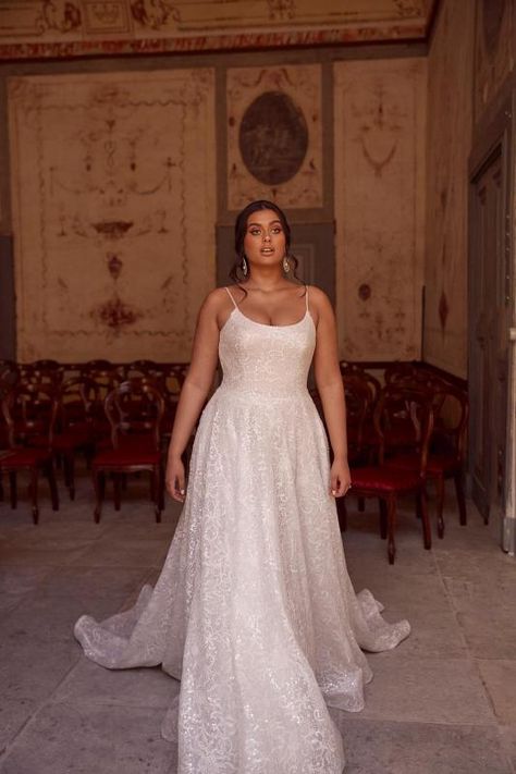 MARTINA FRANCA | Madi Lane Bridal A Line Wedding Dress Jewelry, Plus Size Scoop Neck Wedding Dress, A Line Curvy Wedding Dress, Spaghetti Strap Wedding Dress Plus Size, Simple Wedding Dress Size 12, Plus Size Wedding Dress Sparkle, Plus Size Garden Wedding Dress, Wedding Dresses Midsize Women, Plus Size Strapless Wedding Dress