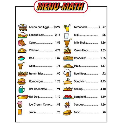 Maths For Beginners, Menu Math, Real Life Math, Daycare Menu, Math Patterns, Money Math, Printable Menu, Printable Math Worksheets, Math Words