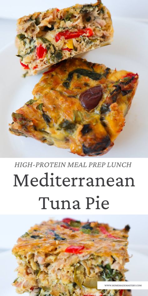 Make this Mediterranean tuna pie for breakfast, lunch or dinner - this simple canned tuna recipe is high-protein and meal prep friendly! Tuna Spinach Recipes, Tuna And Tofu Recipes, Canned Tuna Recipes Gluten Free, Best Canned Tuna Recipes, Tuna Protein Lunch, High Protein Lunch Tuna, Tuna Souffle Recipes, Mediterranean Canned Tuna Recipes, Breakfast Tuna Recipes