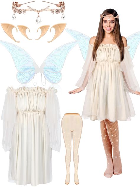 PRICES MAY VARY. Meet Your Halloween Decorating Needs: the fairy cosplay costume includes 1 off shoulder Flounce dress, 1 blue fairy wings, 2 fairy ears in different sizes, 1 gold fairy crown and 1 pair of Sparkly Rhinestone Fishnets stockings; The combination is rich and has everything you need for a Halloween fairy costume, suitable for Halloween parties to make you shine Exquisite Design: our fairy dress for women adopt off shoulder design and high waist A type, can modify well your figure an Fairy Dresses For Women, Blue Fairy Wings, Amazon Halloween, Sparkly Tights, Fairy Costumes, Fairy Cosplay, Fairy Halloween Costumes, Fairy Ears, Contemporary Costumes