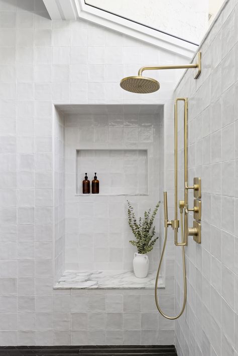 Hears to a fresh start to the week! I would love to start the morning is the oasis of our #MiamiFalls primary bath. Bathed in light from the massive skylight, the clean zeliege tiles shine off the herringbone slate floors. Have an amazing week everyone!  Design: @smithhomestudios | Photo: @amandajamesphoto | Styling: @ola.design.s Shower With Sky Light, Angled Shower Ideas, Bathroom Skylight Ideas, Sky Light Bathroom, Bathroom Skylight, Shower Skylight, Skylight Bathroom, Slate Floors, Lipton Tea