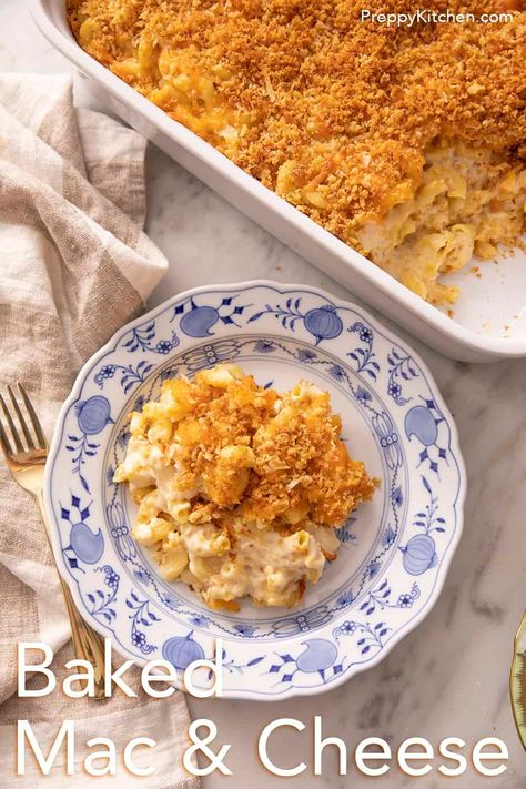 This rich and creamy baked mac and cheese with a crunchy, buttery breadcrumb topping from Preppy Kitchen is a decadent treat that takes comfort food to the next level! It's easy to make and the perfect side dish for the holidays, or anytime you're looking to please everyone at the table. #macandcheese #bestmacandcheese #bakedmacandcheese Creamy Baked Mac And Cheese, North American Food, Traditional Easter Desserts, Easy Winter Recipes, Breadcrumb Topping, Fall Baking Recipes, Preppy Kitchen, Best Mac And Cheese, Baked Mac N Cheese