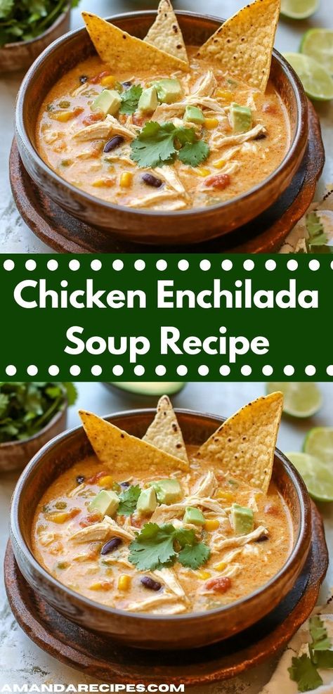 Need soup recipes easy? This Chicken Enchilada Soup Recipe is a perfect choice! It’s a quick and simple dinner idea that’s great for chicken meals or soup ideas. Ideal for busy nights and tasty chicken recipes. Copycat Chili's Chicken Enchilada Soup, Enchiladas Soup Recipe, Crock Pot Chicken Enchilada Soup, Chicken Enchiladas Soup, Crockpot Enchilada Soup, Easy Chicken Enchilada Soup, Crockpot Chicken Enchilada Soup, Enchilada Chicken Soup, Cheesy Chicken Enchilada Soup