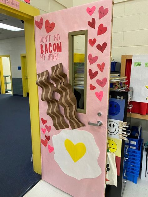 10 Favorite February Bulletin Boards - The Applicious Teacher Don't Go Bacon My Heart Bulletin Board, Halloween Themed Classroom Boards, Classroom Valentines From Teacher, Dont Go Bacon My Heart Classroom Door, School Door Decorations Valentines, Valentine Doors For Preschool, School Door Ideas Classroom, Valentines Doors For Classroom, Christmas Decor Bulletin Board