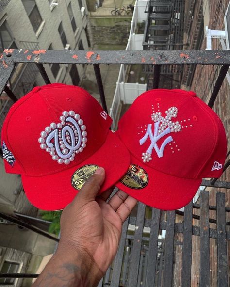 Custom Fitted Hats, Seeing Red, Dope Hats, Hat Aesthetic, Denim On Denim, Concept Clothing, Diy Fashion Clothing, Street Fashion Men Streetwear, Diy Hat