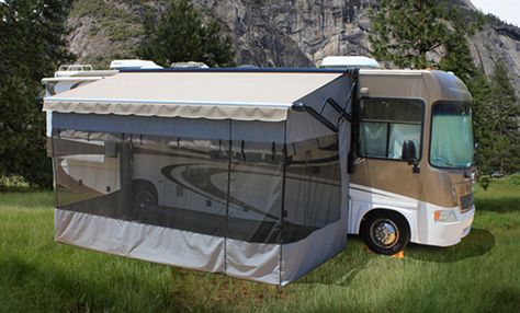 ShadePro offers top of the line RV screen room enclosures from Innova. All of our screen rooms attach to your existing RV awning and sets up in minutes. Rv Screen Rooms, Harvest Host, Porch For Camper, Hanging Bench, Awning Ideas, Trailer Awning, Trailer Deck, Roll Out Awning, Treehouse Ideas