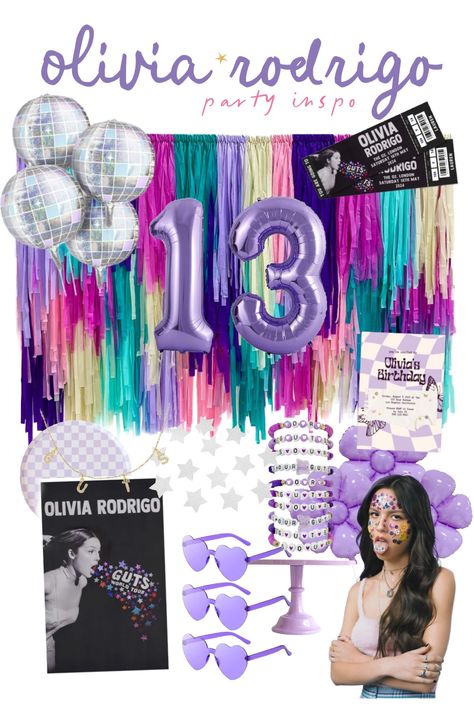 olivia rodrigo birthday party Oliva Rodrigo Birthday Idea, Olivia Rodrigo Sleepover, 12 Th Birthday Ideas, Olivia Rodrigo Party Decorations, Guts Birthday Party, Olivia Rodrigo Bday Party, Birthday Ideas 11, 13 Party Ideas, Olivia Rodrigo Themed Birthday