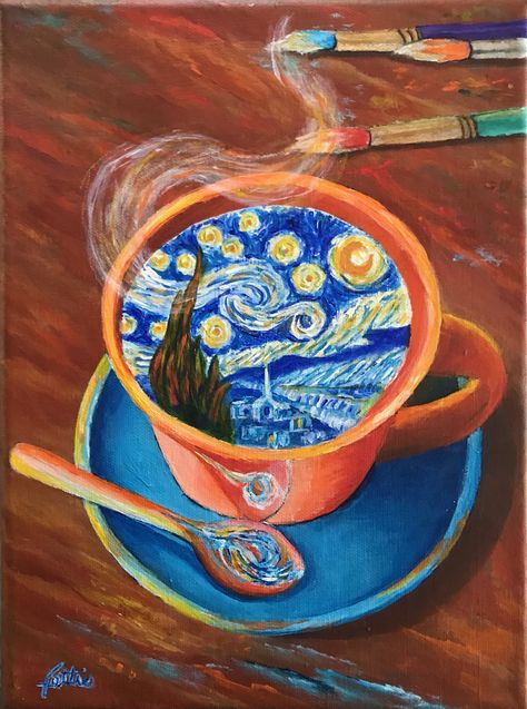 Seoul Coffee Shop, Coffee Acrylic Painting, Coffee Shop Painting, Coffee Painting Canvas, Van Gogh Drawings, Painting Coffee, Contemporary Folk Art, Coffee Painting, Colourful Art