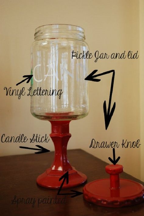 DIY Candy Jar Candy Cane Mason Jar, Diy Candy Jars Dollar Stores, Large Pickle Jar Ideas Diy, Diy Candy Jars Ideas, Dollar Tree Candy Jar Ideas, Wooden Candlesticks Diy, Pickle Jar Crafts, Repurposed Jars, Candy Dish Diy