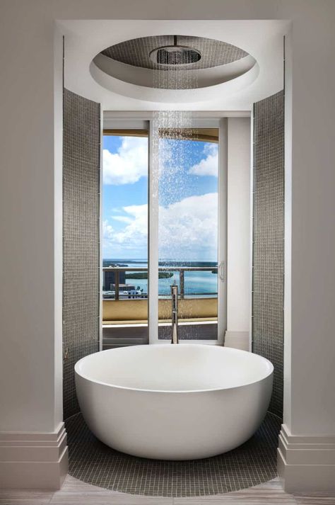 Penthouse gets fresh and inviting makeover on Florida's Gulf Coast Round Bathtub, Tranquil Bathroom, Tile Walls, Rain Head, Elegant Bath, Spa Bathroom, Bathroom Bathtub, Contemporary Bathroom Designs, Interior Minimalista