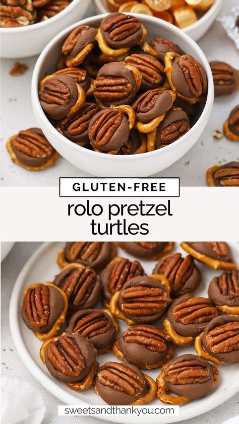 Let's make Gluten-Free Rolo Pretzels! This easy Rolo turtles recipe is the perfect easy holiday treat to add to your cookie plate this year! / gluten free rolo pretzel delights / gluten free rolo pretzel bites recipe / gluten free rolo pretzel turtles recipe / easy gluten-free holiday treat / gluten free cookie exchange recipe / gluten free holiday baking / gluten free christmas treat / gluten free rolo pretzel candy recipe Gluten Free Cookie Exchange Recipes, Christmas Baking Ideas Gluten Free, Gluten Free Pretzel Dessert, Holiday Appetizers Gluten Free, Round Pretzel Treats Holidays, Holiday Cookies Gluten Free, Best Gluten Free Appetizers, Christmas Treats Gluten Free, Christmas Party Food Gluten Free