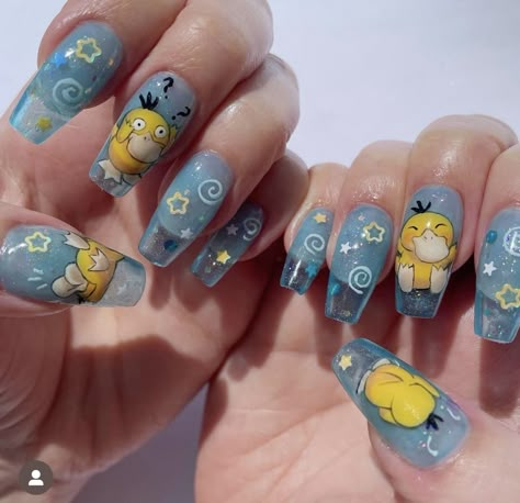 Pokemon Theme Nails, Minecraft Nails Acrylic, Nail Designs Pokemon, Pokemon Nails Art, Blue Yellow Nails Designs, Psyduck Nails, Squirtle Nails, Pokemon Inspired Nails, Pokemon Nails Acrylic