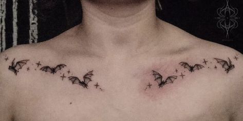 Bat Chest Piece Tattoo, Collar Bone Tattoo Bats, Underbust Bat Tattoo, Bats On Collar Bone Tattoo, Spooky Collar Bone Tattoo, Goth Chest Tattoos For Women, Trad Goth Tattoo Ideas, Bat Tattoo Collar Bone, Witchy Bat Tattoo