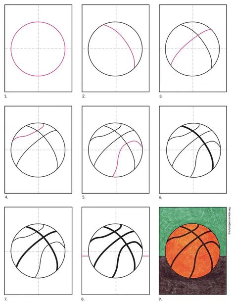 Drawing A Basketball, How To Draw A Basketball Hoop, How To Paint A Basketball, Easy Basketball Drawings, Basketball Painted Rocks, Basketball Net Drawing, How To Draw A Basketball, Basketball Drawings Easy, Basketball Crafts For Kids