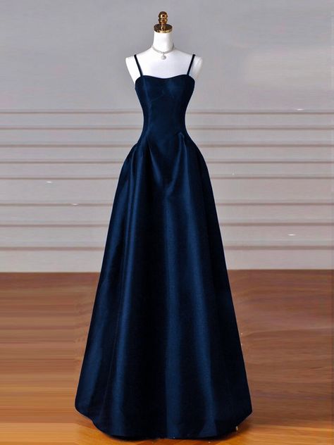 Bridesmaid Dark Blue Dresses, Cheap Prom Dresses Long Under 100, Elegant Floor Length Dress, Long Blue Satin Dress, Masquerade Prom Theme Dress, Dress For Graduation High School, Midnight Blue Dress Formal, Dark Blue Prom Dress Aesthetic, Fancy Couple Outfits