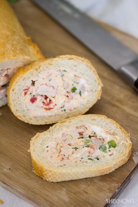 Cheesy chicken and vegetable stuffed baguette – SheKnows Baguette Appetizer, Stuffed Baguette, French Appetizers, Baguette Recipe, Sandwich Ideas, Cornish Hens, Light Appetizers, Snack Prep, Tea Snacks