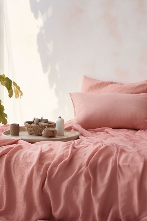 Sunset pink linen flat sheet, fitted sheet and pillowcases Sunset Pink, Linen Sheet Sets, Linen Sheets, Bed Linen Sets, Pink Linen, Pastel Hues, Cozy Bedroom, Flat Sheets, Soft Pastel