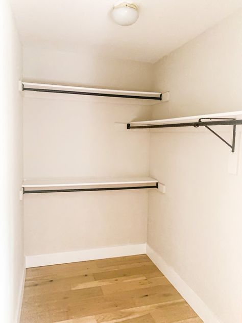 Diy Closet Rods Hanging Clothes, Closet Makeover On A Budget, Small Closet Makeover, Closet Makeovers, Diy Closet Shelves, Black Wall Hooks, Cheap Closet, Closet Makeover Diy, Black Closet