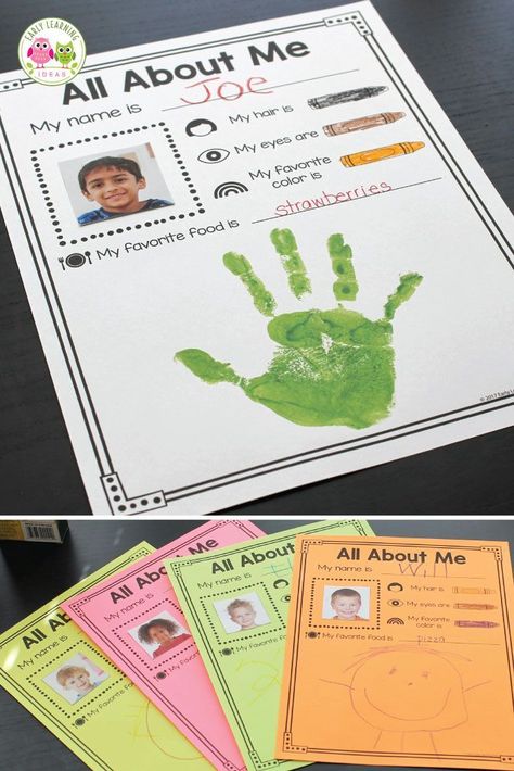 Here is a fun activity idea for your all about me theme unit and lesson plans in preschool and pre-k. Kids will love this free printable that is simple enough for your students in an early childhood setting. A great activity for the beginning of the year literacy center. Bind the pages into a class book to share during circle time or in your classroom library. Help kids to get to know each other during the first week of school #preschool #earlylearningideas #beginningoftheschoolyear All About Me Preschool Theme, Me Preschool Theme, All About Me Preschool, All About Me Activities, About Me Activities, First Day Of School Activities, Preschool Class, Preschool Lesson Plans, Preschool Themes